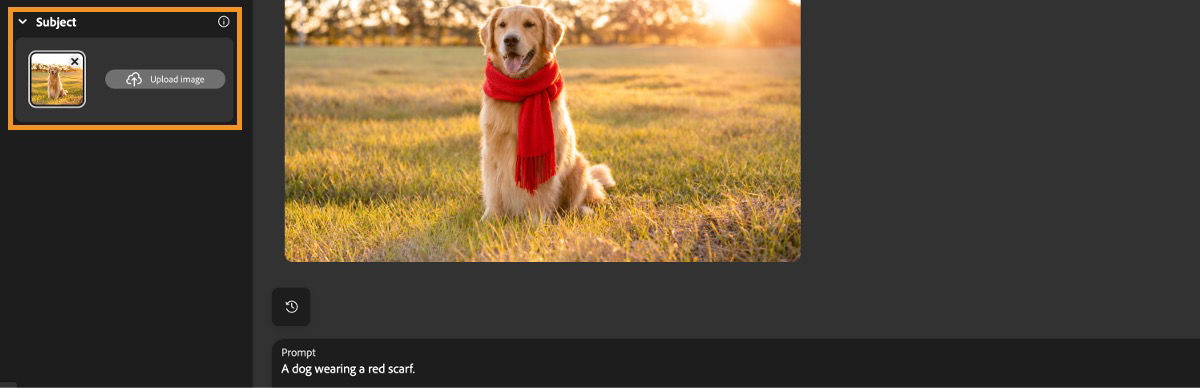 The Subject option has a dog's image added and a prompt added to add a red scarf to the subject.