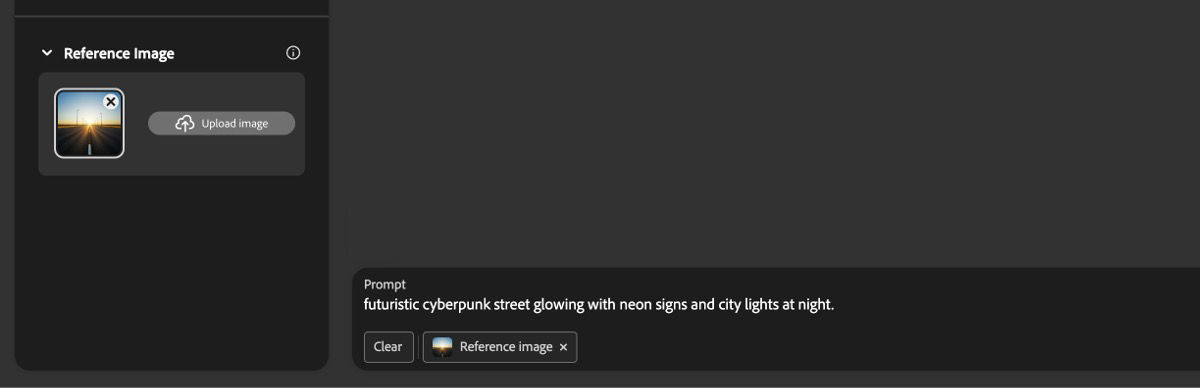 An image is uploaded in the Reference image section and the prompt bar has a prompt  - "futuristic cyberpunk street glowing with neon signs and city lights at night."