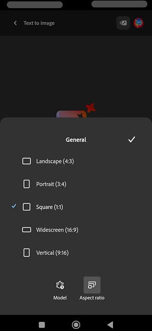 The Aspect ratio option is selected for image generation using Imagen 4 model. There are multiple aspect ratio listed and currently, Square (1:1) is selected.