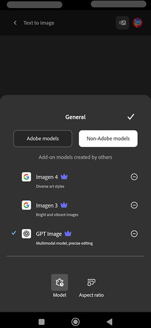 The Model menu is open and Non-Adobe models section is open. There are partner models available to choose from. GPT Image is selected.