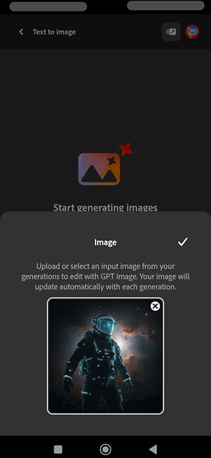 The Image option is selected for image generation using GPT Image model. There is an image of an astronaut added as a reference image.