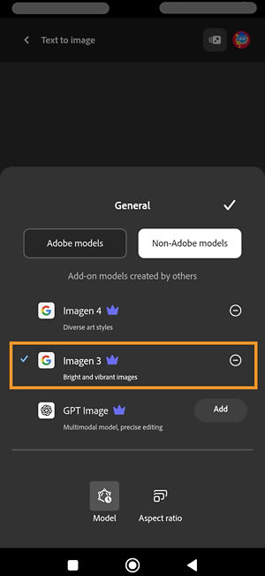 The Model menu is open and Non-Adobe models section is open. There are partner models available to choose from. Imagen 3 is selected.