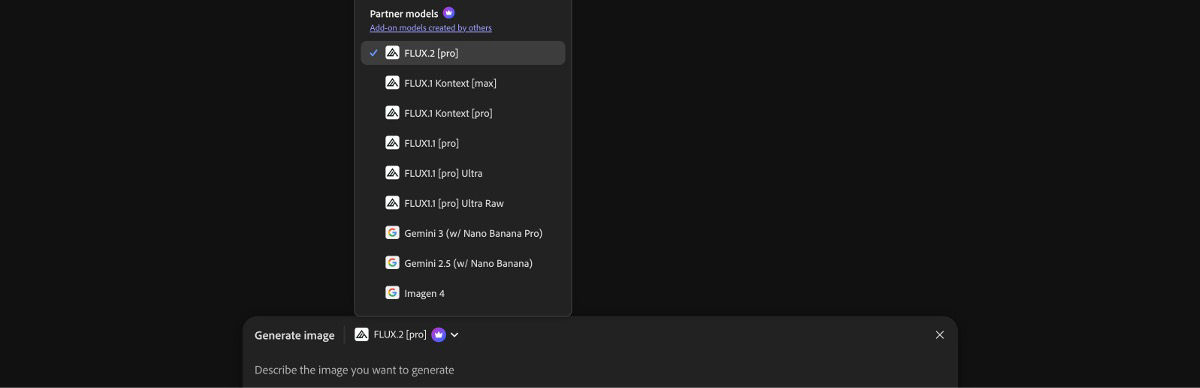 The list of Firefly and Non-Firefly models is available to choose from to generate images and add them to the canvas. Currently, the Firefly Image 3 (Fast) is highlighted.