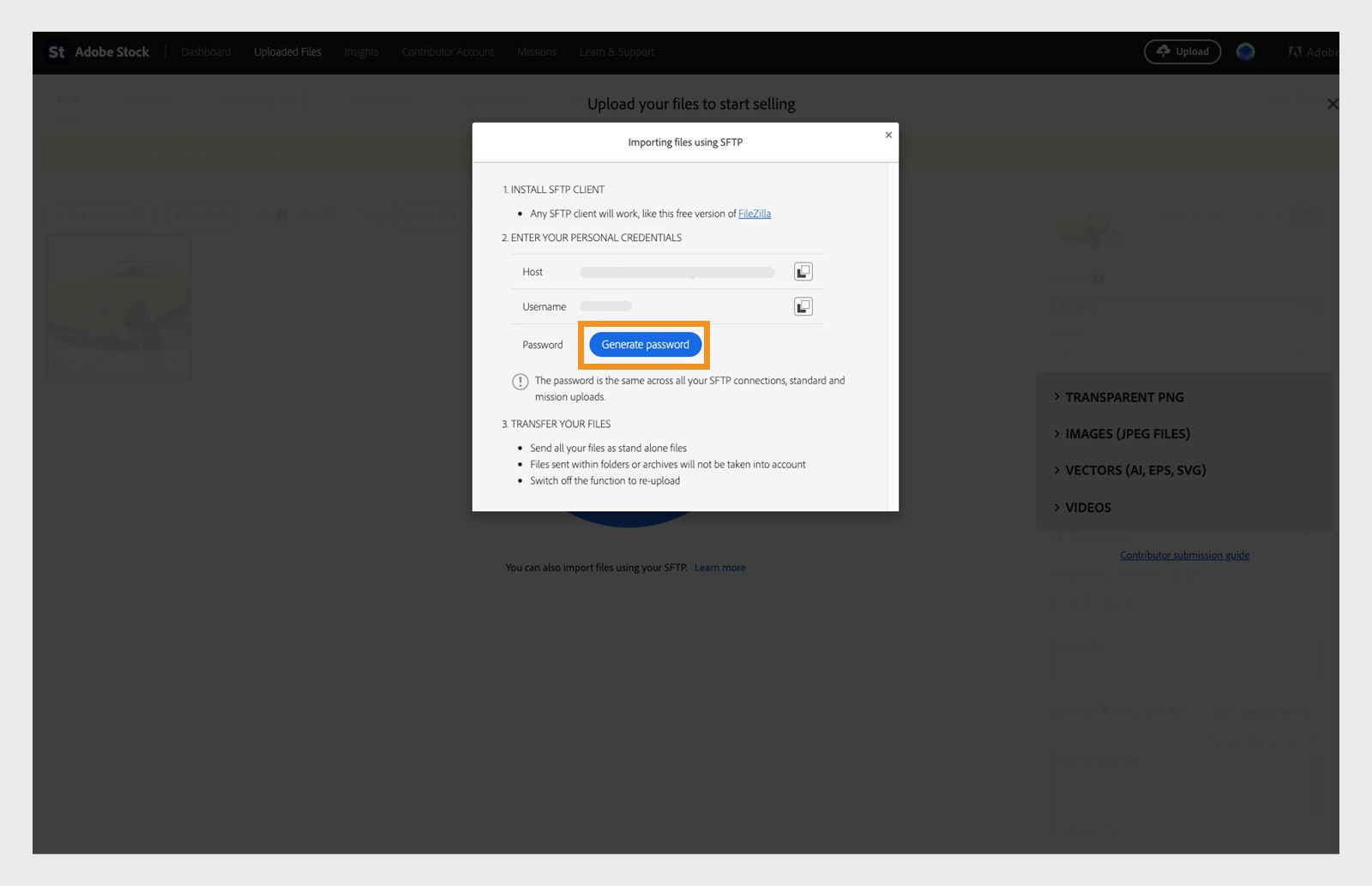 The generated password applies to all SFTP uploads (including vector files) and can be reused for future transfers. Keep this password secure and use it with your SFTP client to upload files.