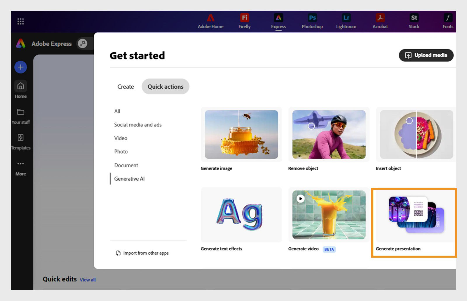 The Quick actions panel open in the Adobe Express homepage with Generate presentation highlighted.