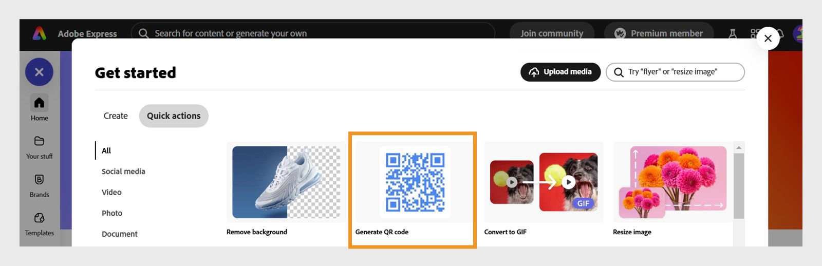 Screenshot of Adobe Express interface showing the 'Get started' section with quick action options: remove background, generate QR code (highlighted), convert to GIF, and resize image. Includes search bar, upload media button, and join community option.