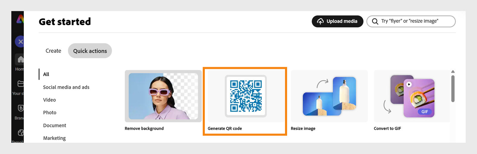 Screenshot of Adobe Express interface showing the 'Get started' section with quick action options: remove background, generate QR code (highlighted), convert to GIF, and resize image. Includes search bar, upload media button, and join community option.
