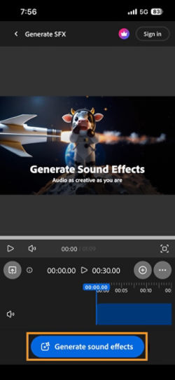The Generate SFX (beta) page is open and there is a Generate sound effects button is highlighted.