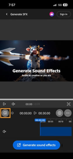 The Upload button is highlighted so that you can add a video for which you want to generate sound for.
