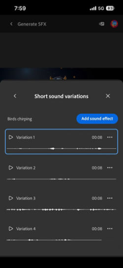 The Short Sound Variations option is open, and four different generated variations are available to choose from. There is also an option to add the sound effects to the timeline.