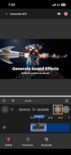 The generated sound effect is added to the timeline, and you can edit it. You can also generate and add a new sound effect.