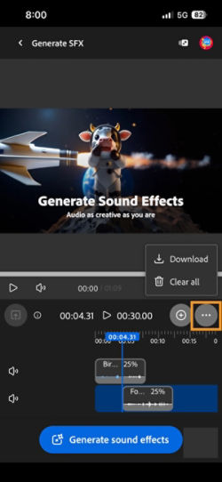 The Download option is highlighted so you can download the composed audio or video clip.