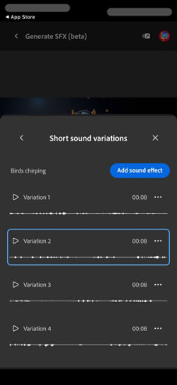 The Short Sound Variations option is open, and four different generated variations are available to choose from. There is also an option to add the sound effects to the timeline.