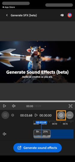 The generated sound effect is added to the timeline, and you can edit it. You can also generate and add a new sound effect.