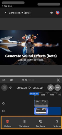 The generated sound effect is selected and the edit options are available for you to use.
