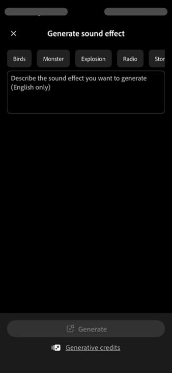 Generate Sound effects screen on Firefly iOS displays a prompt box, predefined prompts for popular audios and a Generate button.