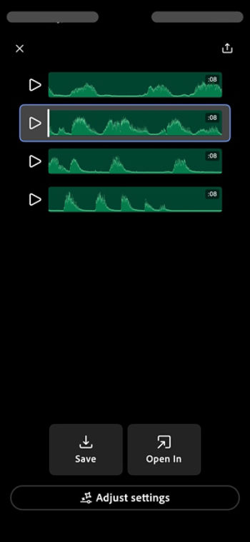 Generate Sound effects screen on Firefly iOS displays four generated outputs as well as save, Open In, and Adjust settings button. 