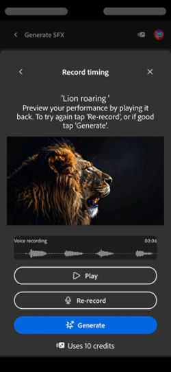The Record timing screen displays the uploaded video, a text prompt, and options to review, record, or generate sound effects.