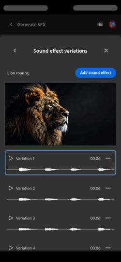 The Short Sound Variations option is open, and four different generated variations are available to choose from. There is also an option to add the sound effects to the timeline.