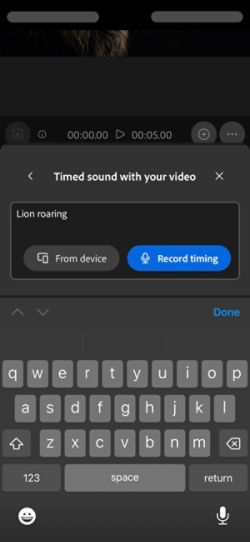 Timed sound with your video has a text prompt with the options to upload an audio file from the device or record it directly on the web app.
