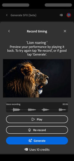 The Record timing screen displays the uploaded video, a text prompt, and options to review, record, or generate sound effects.