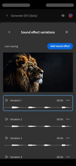 The Short Sound Variations option is open, and four different generated variations are available to choose from. There is also an option to add the sound effects to the timeline.
