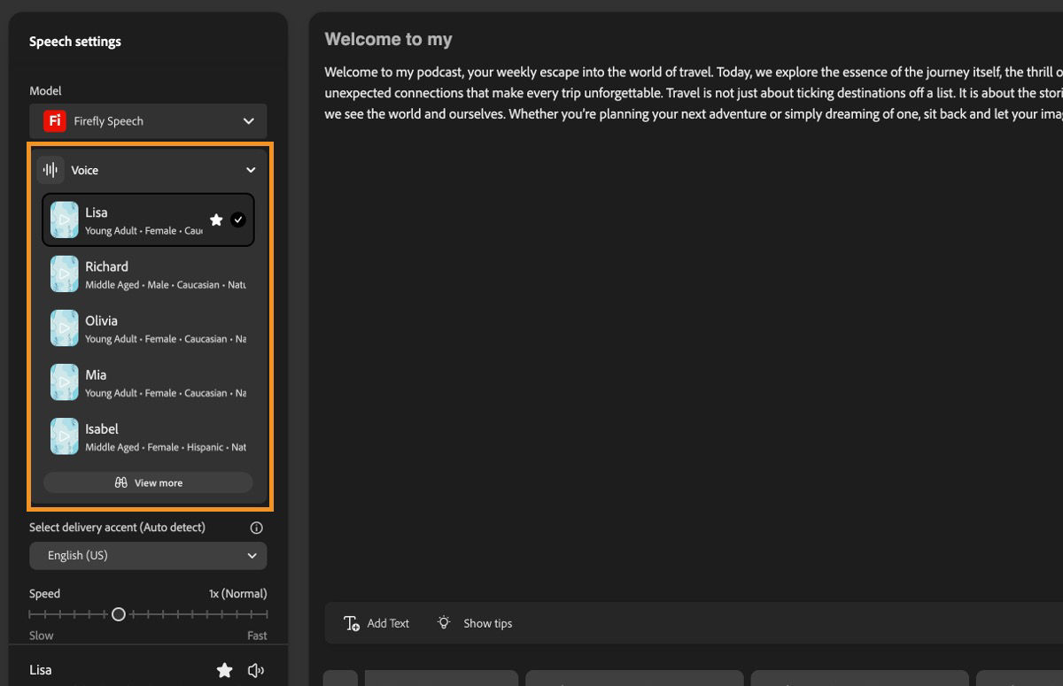 The Speech settings section in the left panel displays the Firefly Speech model and an expanded Voice dropdown menu listing all available voices.