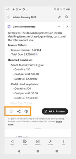AI-powered summary generated for a scanned document in Adobe Scan for Android mobile app. 