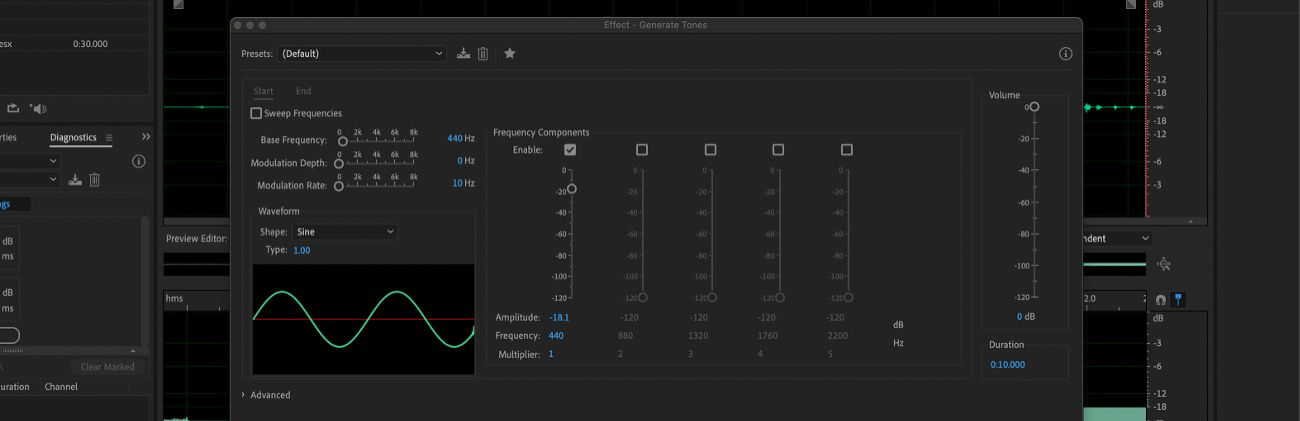 The Generate Tones dialog box is open, with options under Waveform and Frequency Components for adjustment.