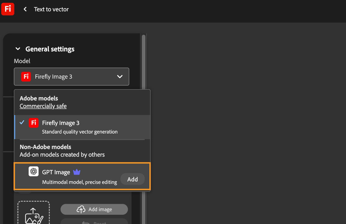 On the Text to vector page, under General settings, the Model dropdown menu is open and there are Adobe and Non-Adobe model listed to choose from. GPT Image is currently selected.