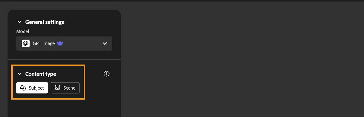 Under the Content type section, there are two options to choose from -  Subject and Scene. Currently, the Subject option is selected.
