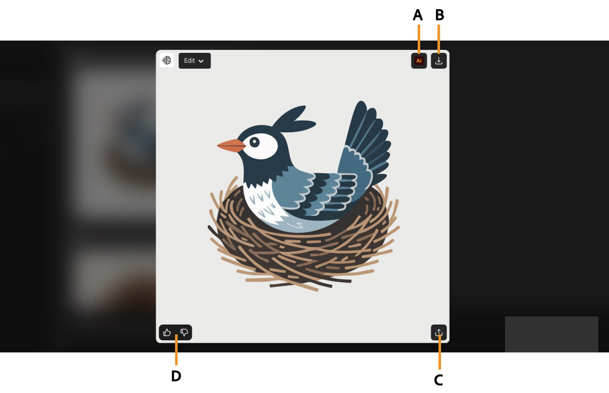 The generated vector image is selected and there are mutliple actions to choose from such as download, copy, rate, and open it in Illustrator.