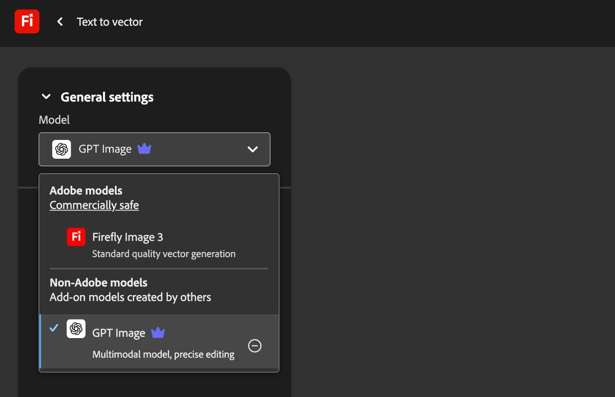 On the Text to vector page, under General settings, the Model dropdown menu is open and there are Adobe and Non-Adobe model listed to choose from. GPT Image is currently selected.