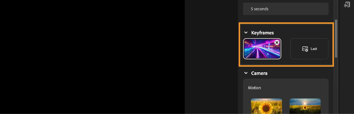 The Video editor screen displays the Keyframes section with an uploaded image as the first keyframe.