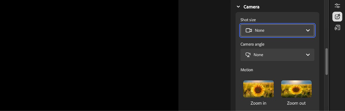 The Video editor screen displays the Camera settings panel with options for shot size, camera angle, and motion.