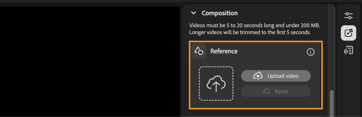 The video editor screen displays the Composition settings with the option to upload a reference video or reset.