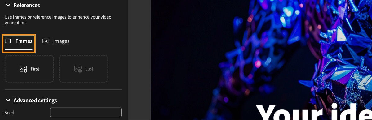 Generate videos page on FIrefly displays the References menu under General settings with the Frames option selected and highlighted.