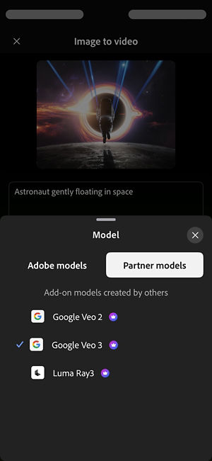 The Model dropdown displays the list of available Partner models, out of which Google Veo 3 is selected.