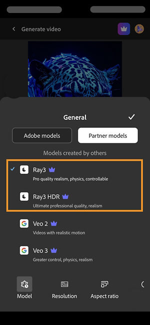 The General section is open and Non-Adobe models is selected. From the list of partner models, Veo 3 is selected.