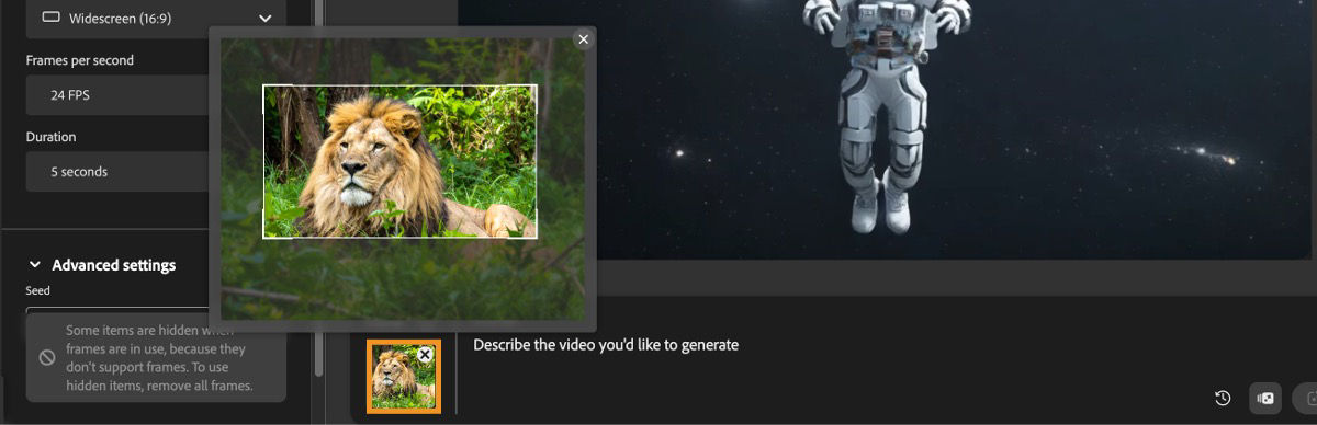 The Frame section has an image uploaded and the prompt bar has a prompt added to it.