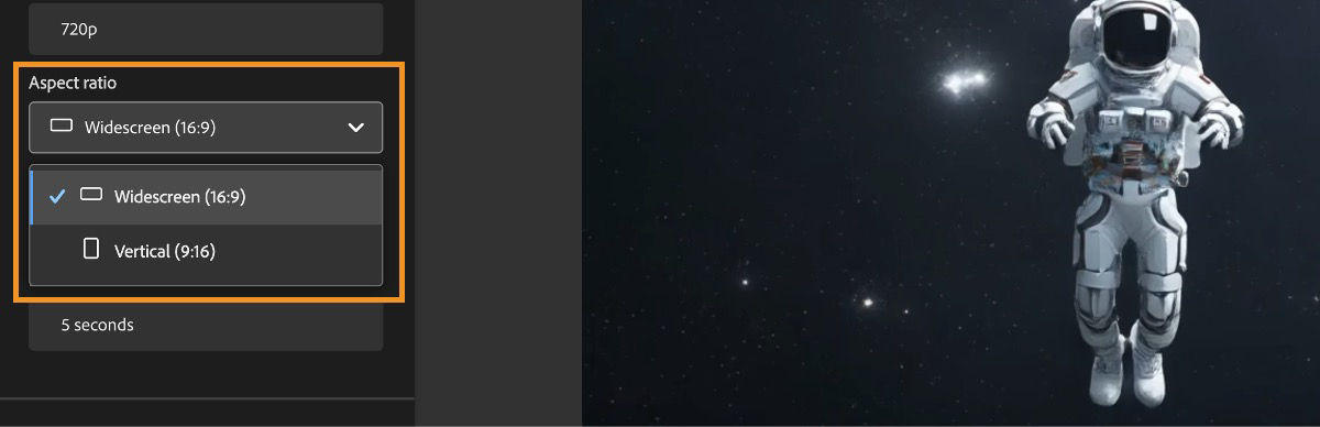 In the Aspect ratio section, the dropdown menu is open and among the options listed, Widescreen (16:9) is selected.