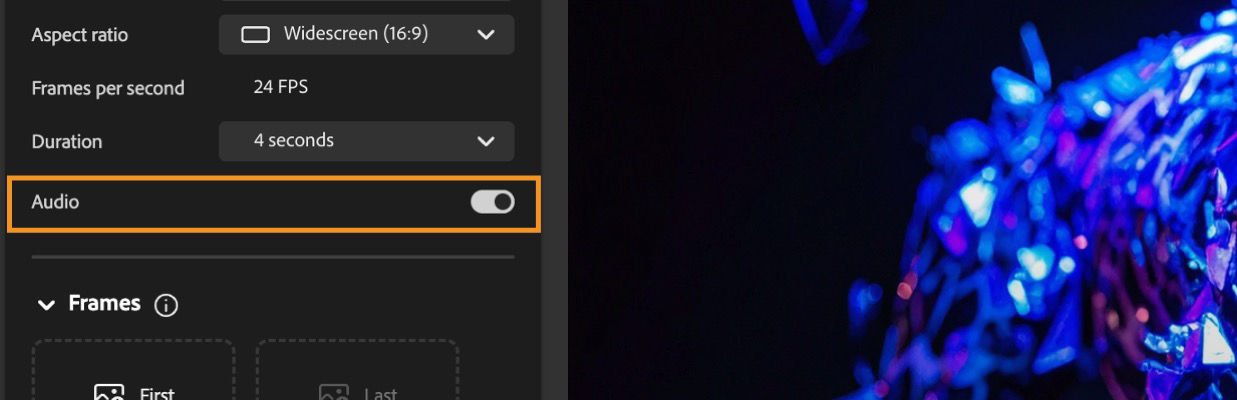 The Audio option is enabled to generate synchronized sounds or music for the generated video.