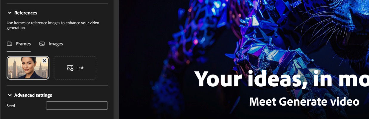 The References section is expanded, and under Frames, the First image is added for video generation.