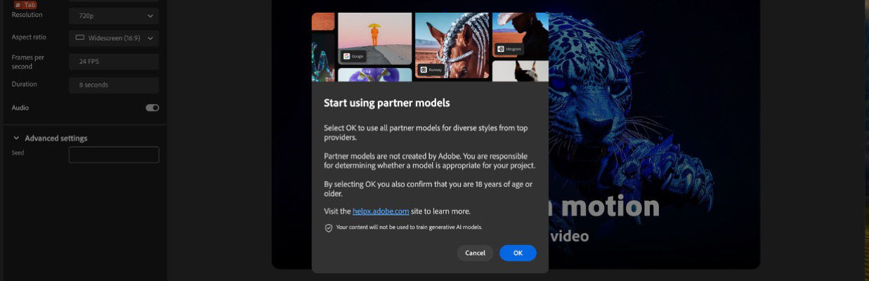 The Start using the partner models is open and you have the option to continue or cancel.