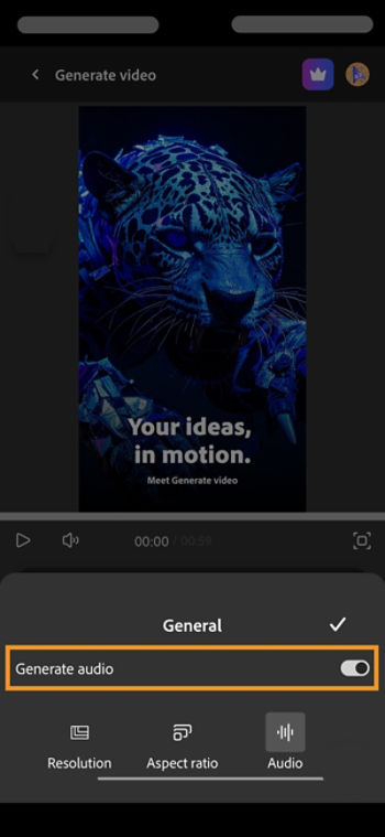 The General option is open and Audio is selected. The Generate audio option is enabled which means the video will be generated with matching audio.