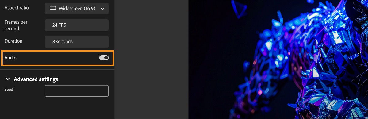 The Audio option is enabled to generate synchronized sounds or music for the generated video.