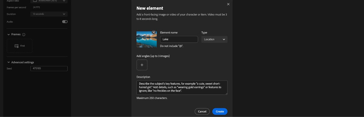 New Element panel with fields for name, type, reference image, angles, and description input.