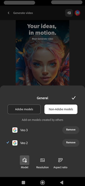 The General section is open and Non-Adobe models is selected. From the list of partner models, Veo 2 is selected.
