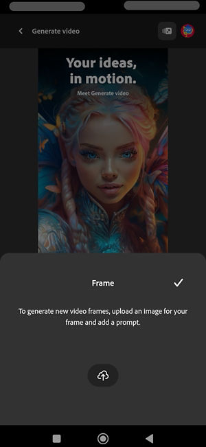 The Frame option is open, allowing you to upload an image to be used as the first frame of the generated video.