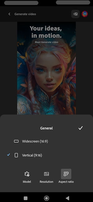 The General option is open, and Aspect ratio is selected. Two options are listed—Widescreen and Vertical—with Vertical (9:16) currently selected.